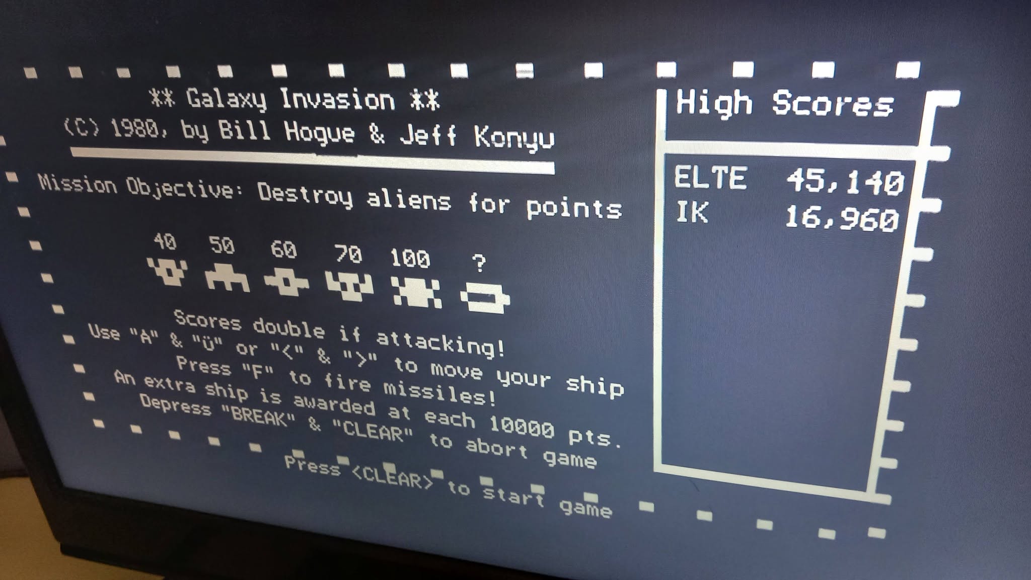 Galaxy Invasion a HT1080Z  számítógépen. ELTE IK rekord
